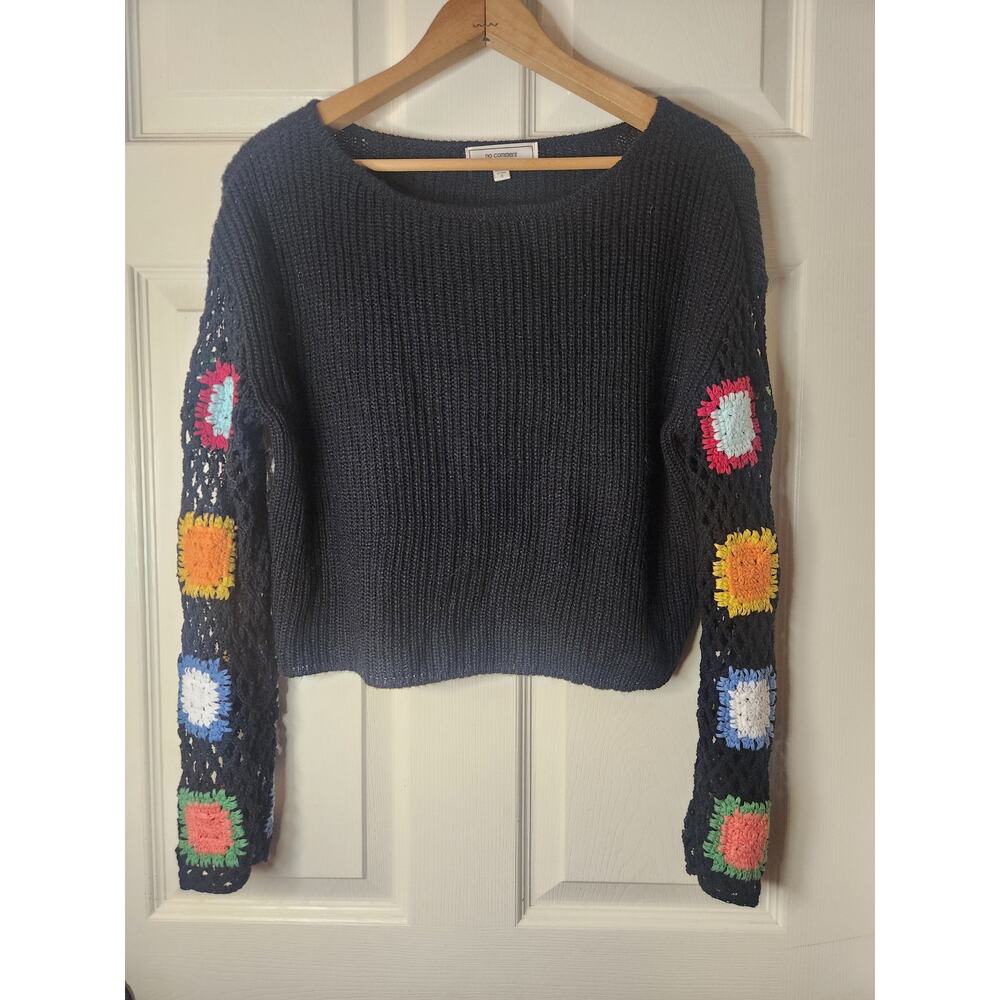 No Comment Crochet Bell Sleeved Cropped Sweater